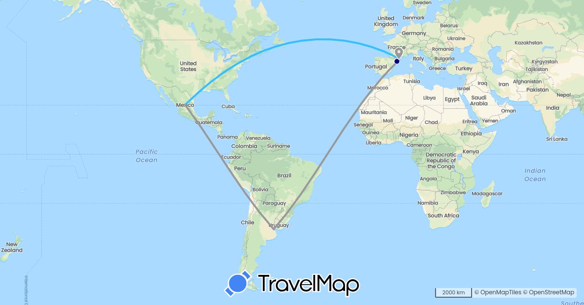 TravelMap itinerary: driving, plane, hiking, boat in Argentina, Spain, France, Mexico (Europe, North America, South America)